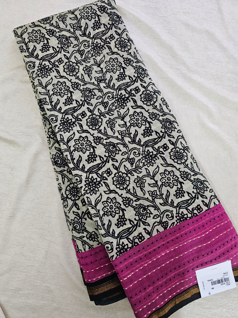 Pure Chanderi Butter Silk - Black with Pink