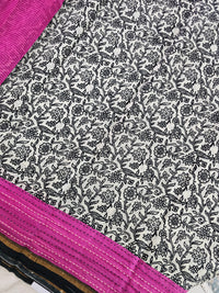 Pure Chanderi Butter Silk - Black with Pink