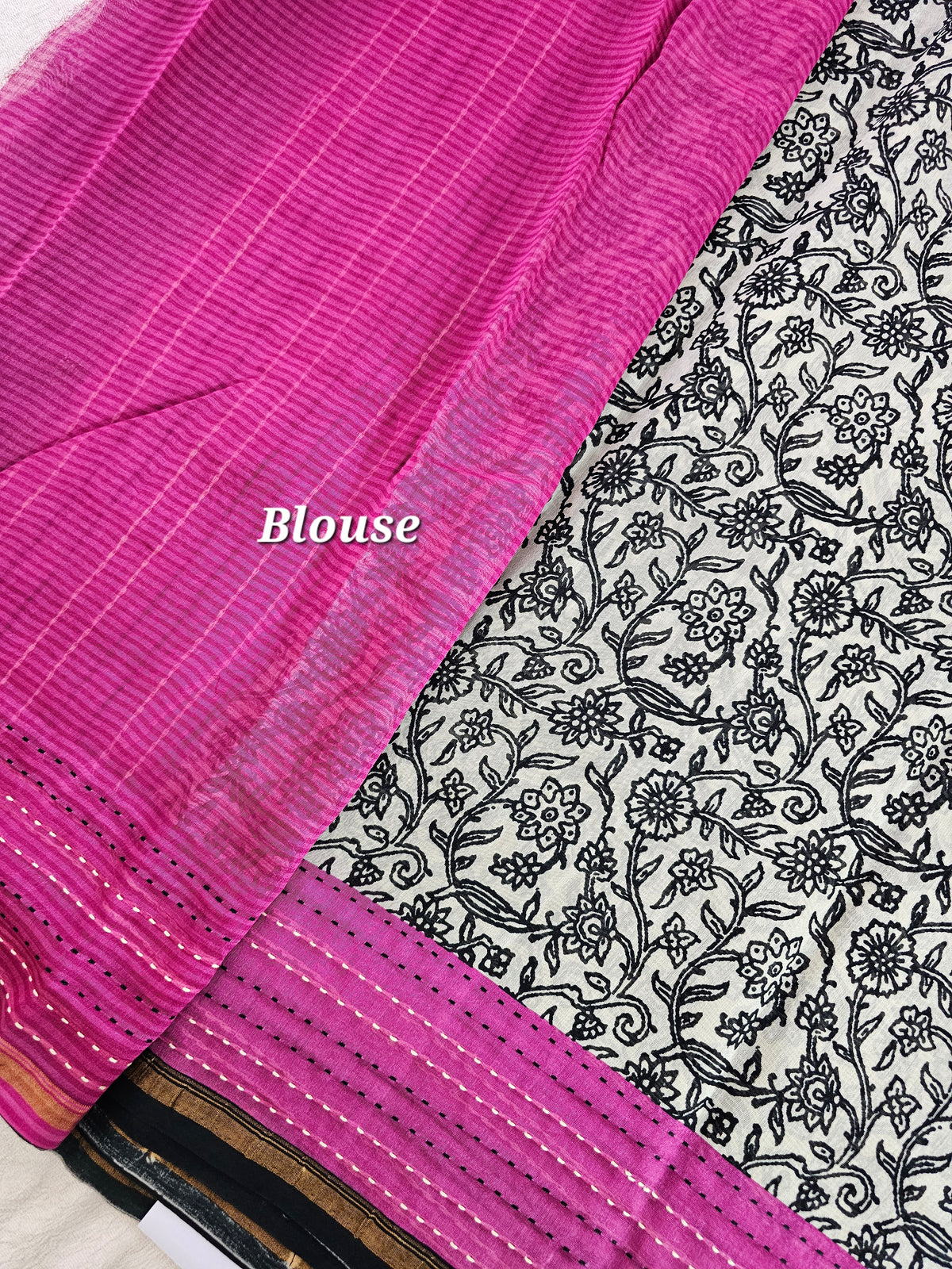 Pure Chanderi Butter Silk - Black with Pink