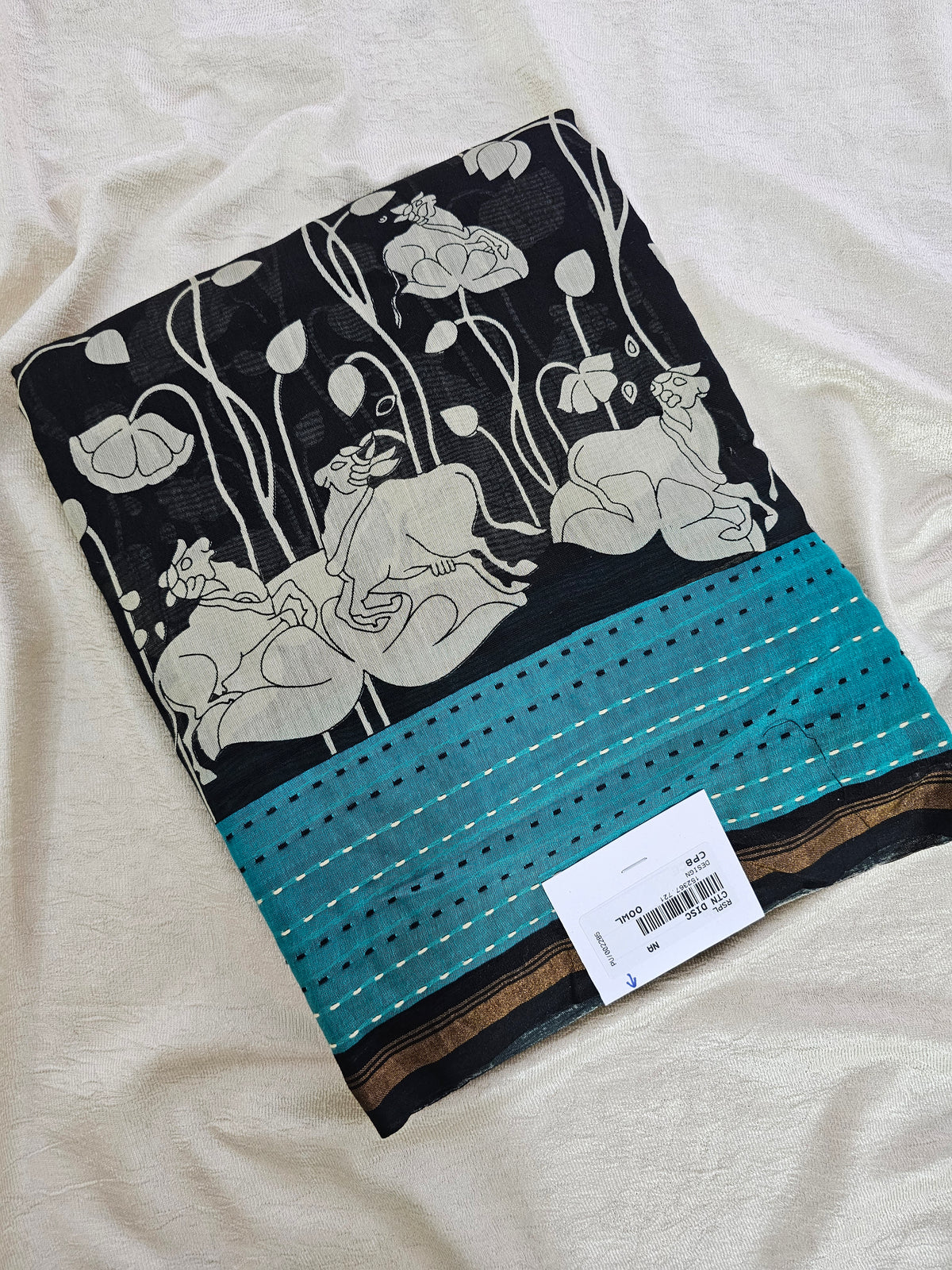 Pure Chanderi Butter Silk - Black with Sea Green