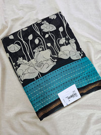 Pure Chanderi Butter Silk - Black with Sea Green