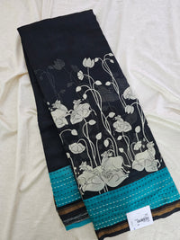 Pure Chanderi Butter Silk - Black with Sea Green