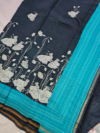 Pure Chanderi Butter Silk - Black with Sea Green