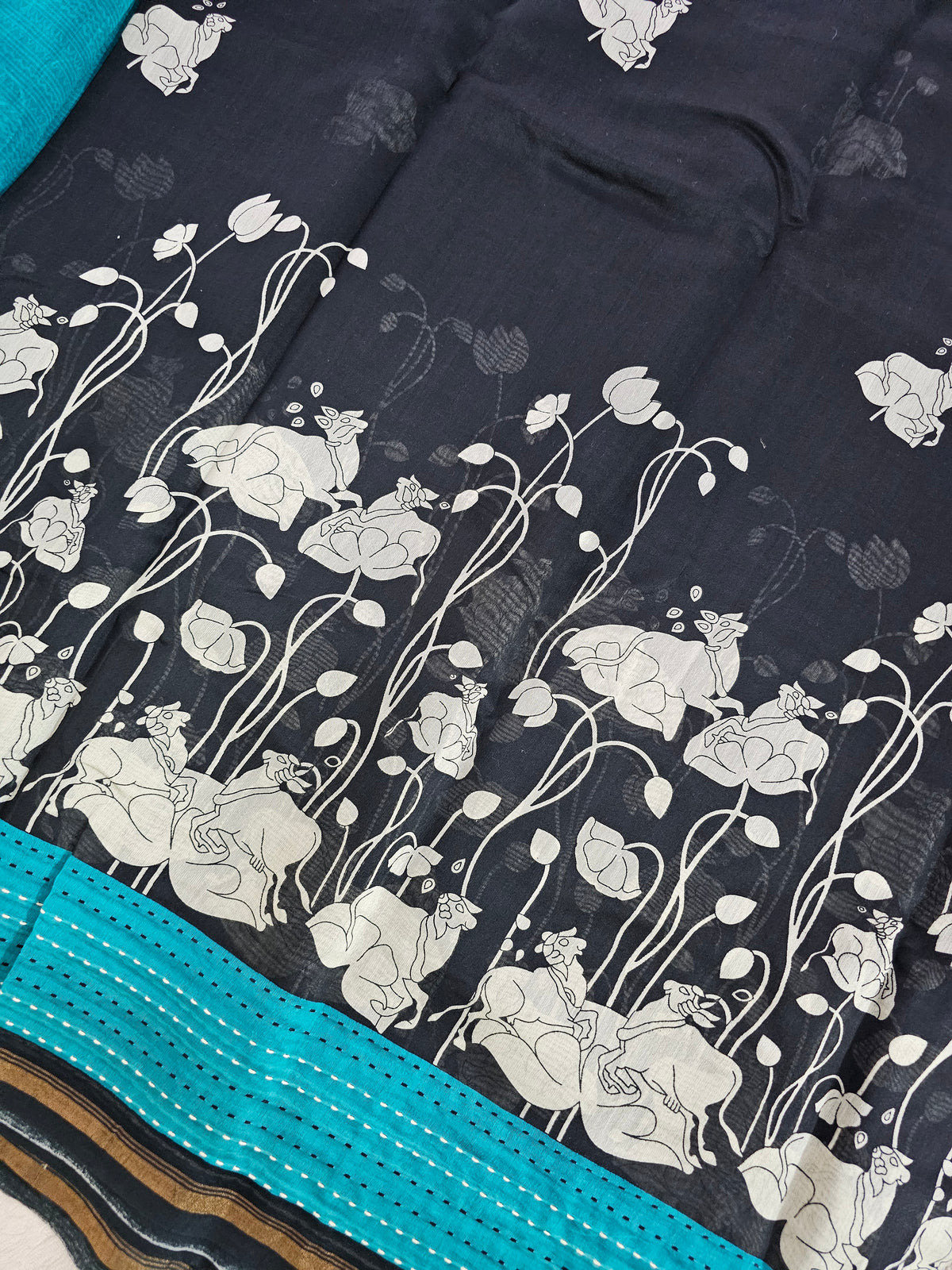 Pure Chanderi Butter Silk - Black with Sea Green