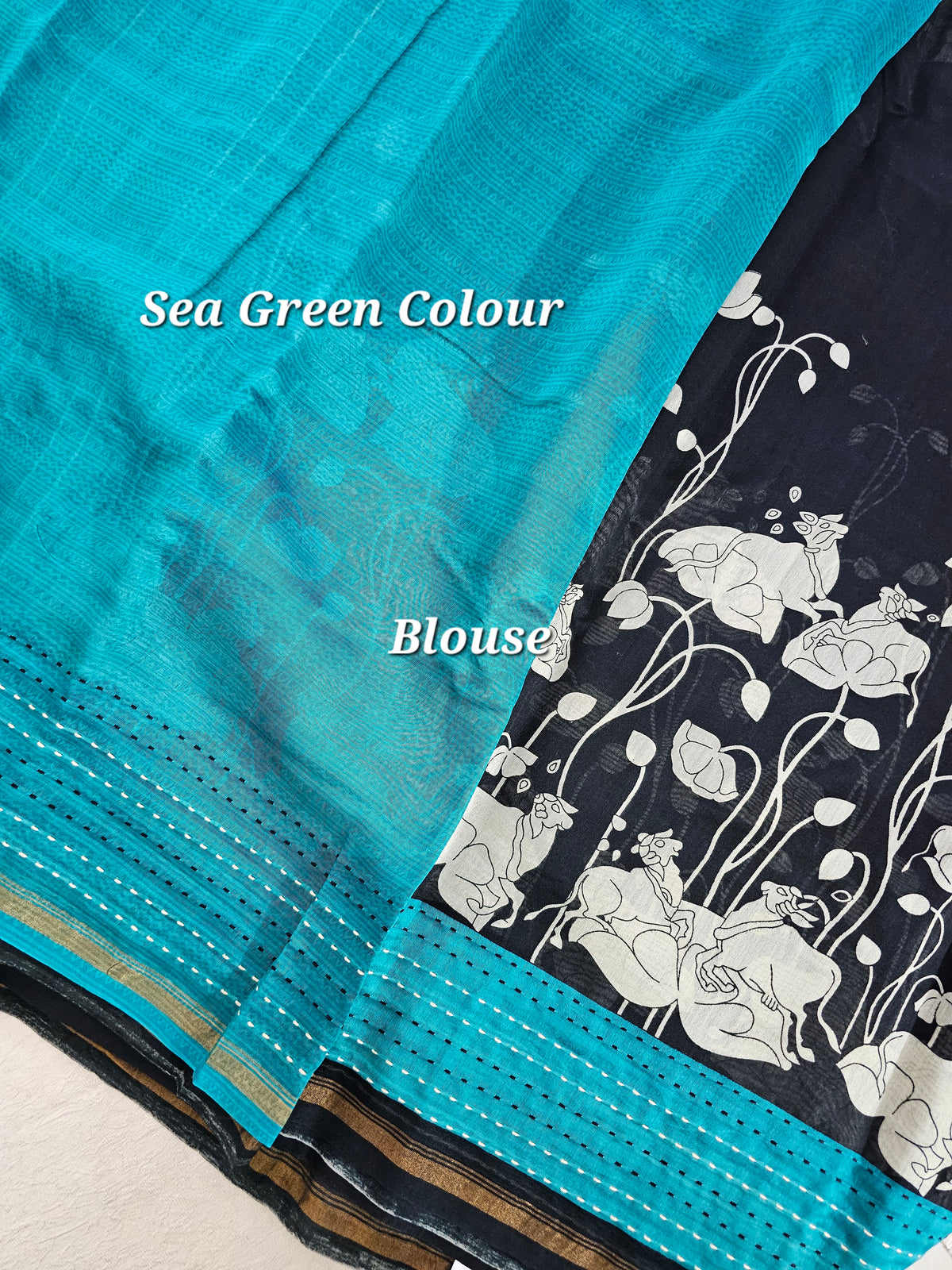 Pure Chanderi Butter Silk - Black with Sea Green