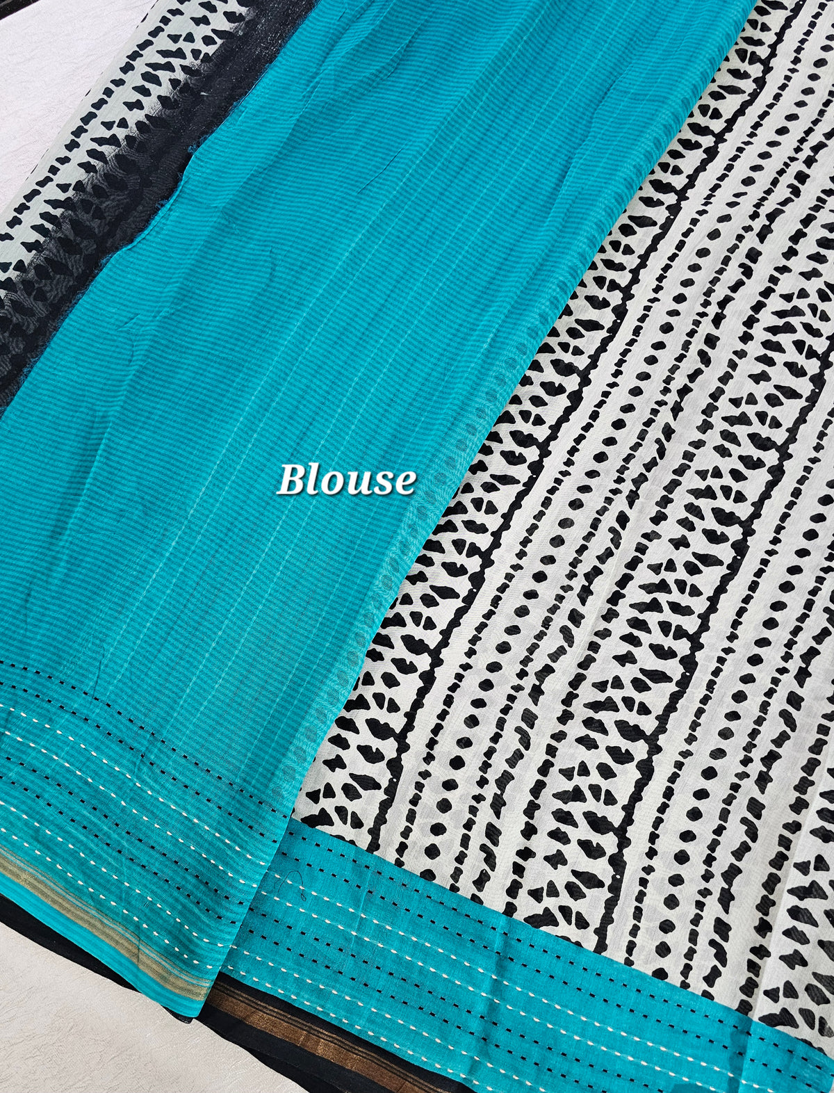 Pure Chanderi Butter Silk - Black with Sea Green