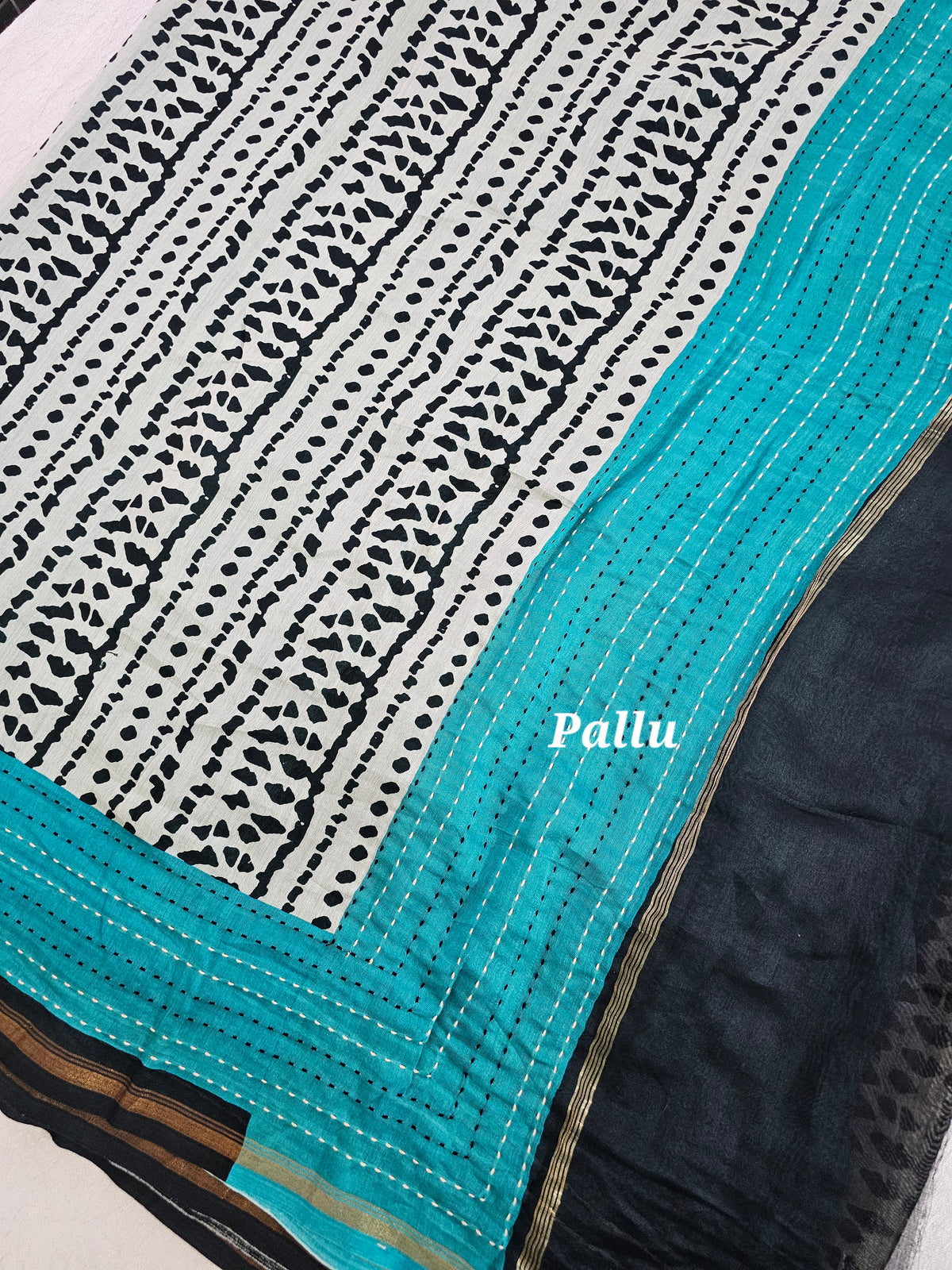 Pure Chanderi Butter Silk - Black with Sea Green