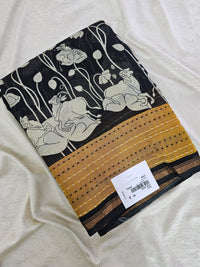 Pure Chanderi Butter Silk - Black with Mustard Yellow