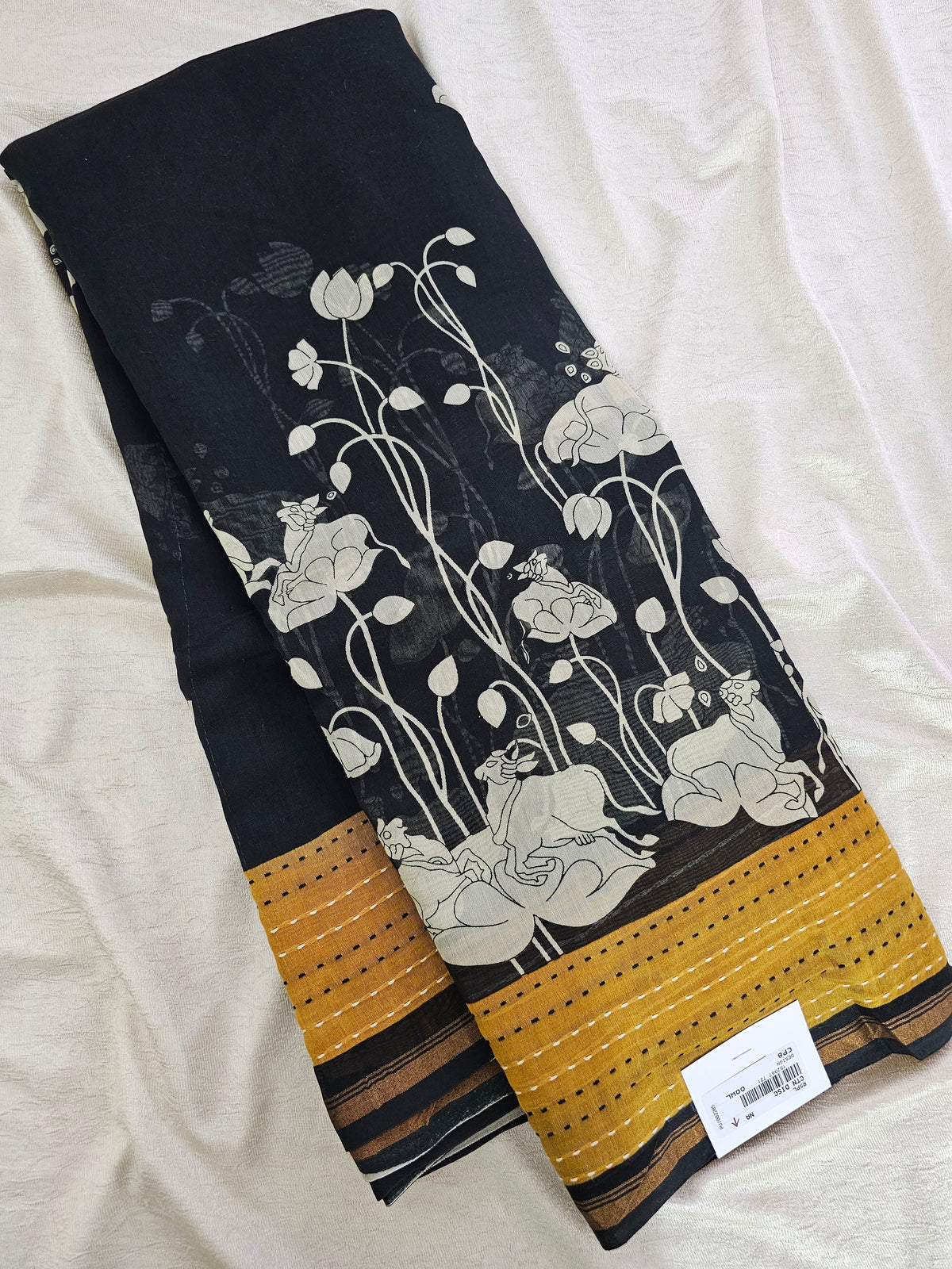 Pure Chanderi Butter Silk - Black with Mustard Yellow