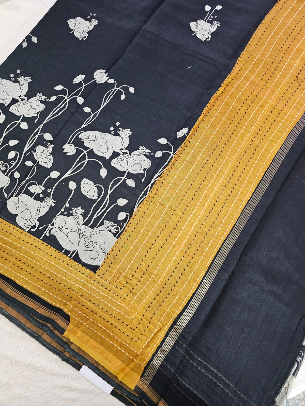 Pure Chanderi Butter Silk - Black with Mustard Yellow