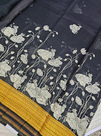 Pure Chanderi Butter Silk - Black with Mustard Yellow