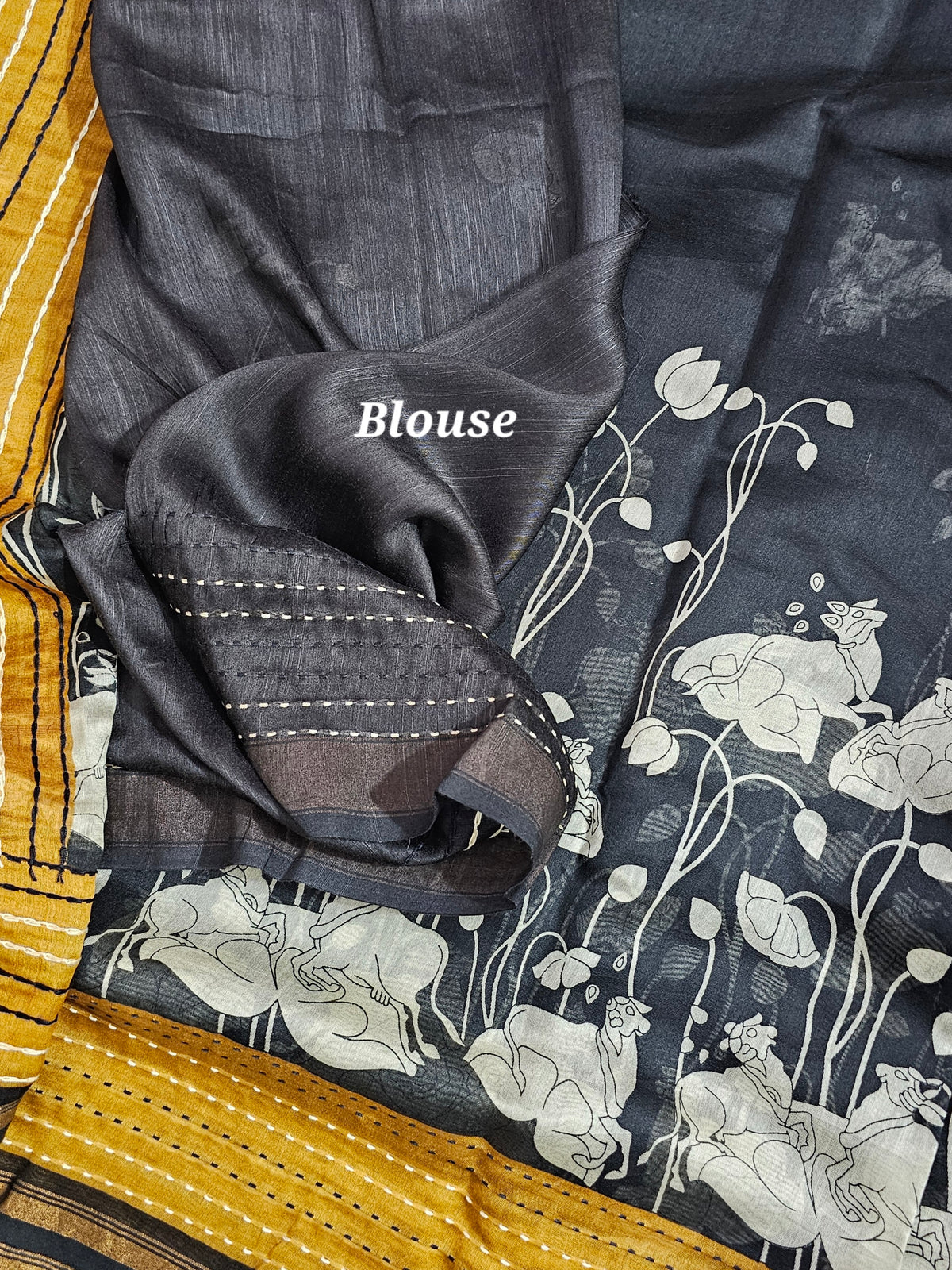 Pure Chanderi Butter Silk - Black with Mustard Yellow