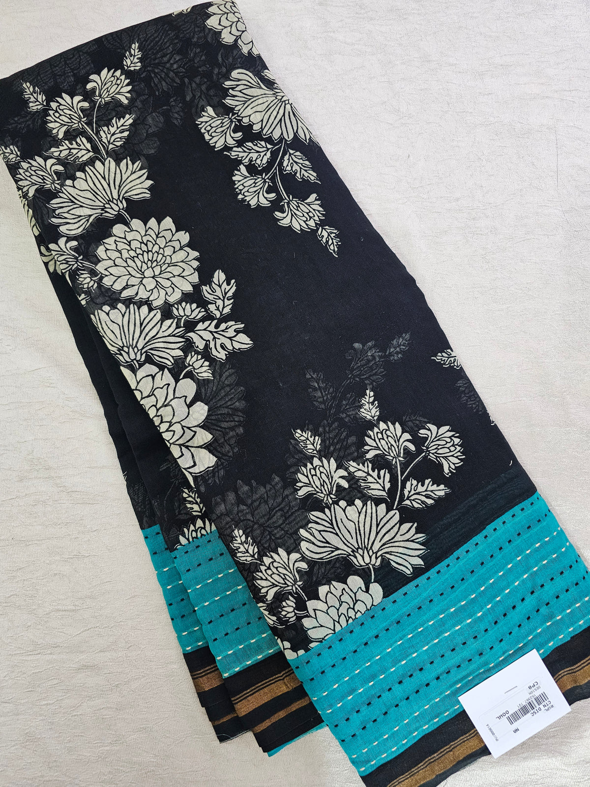 Pure Chanderi Butter Silk - Black with Sea Green