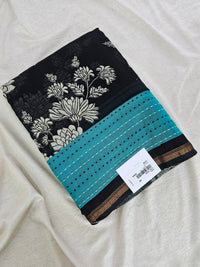 Pure Chanderi Butter Silk - Black with Sea Green