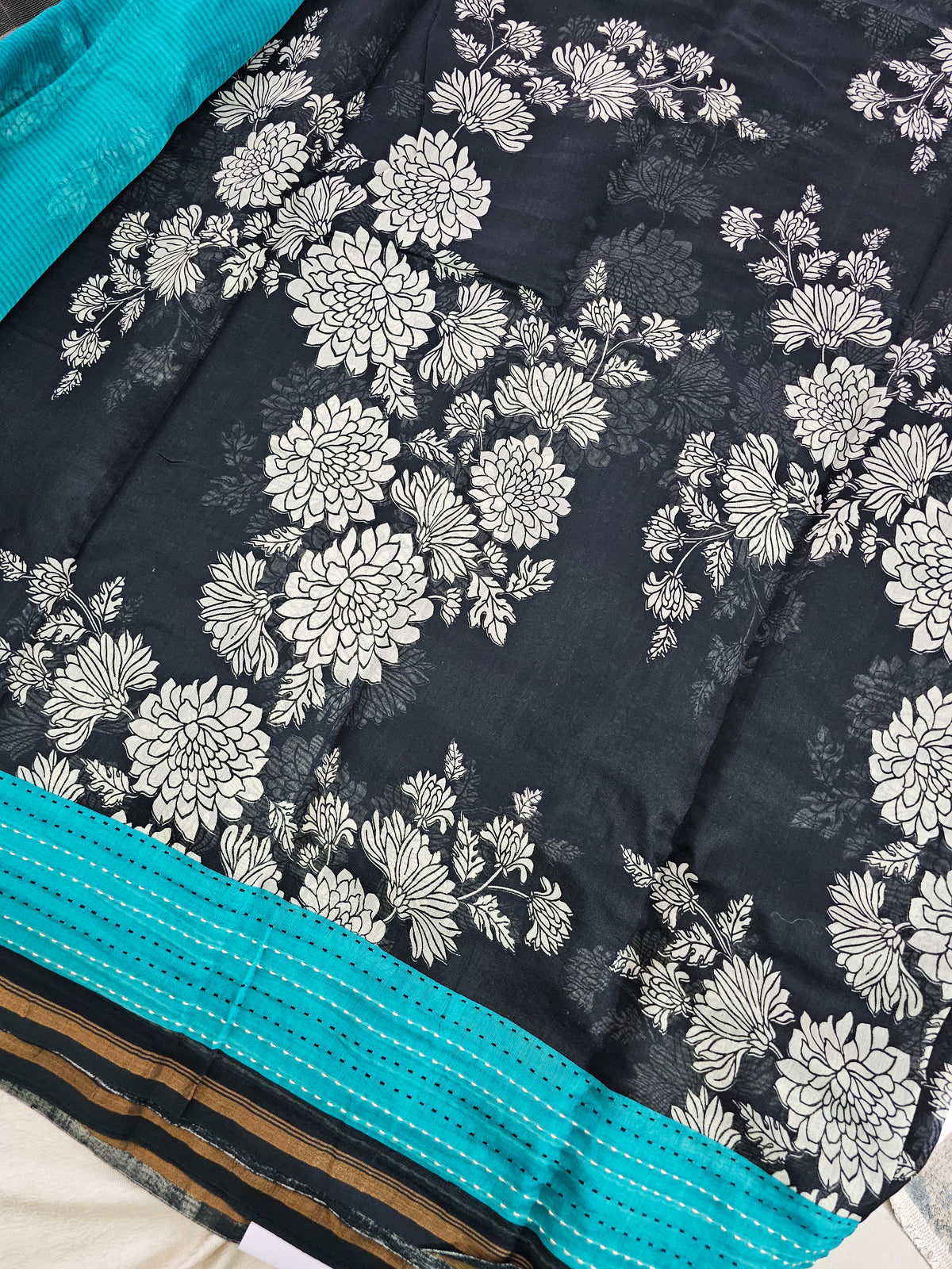 Pure Chanderi Butter Silk - Black with Sea Green