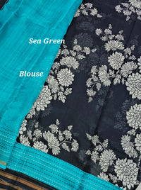 Pure Chanderi Butter Silk - Black with Sea Green