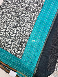 Pure Chanderi Butter Silk - Black with Sea Green