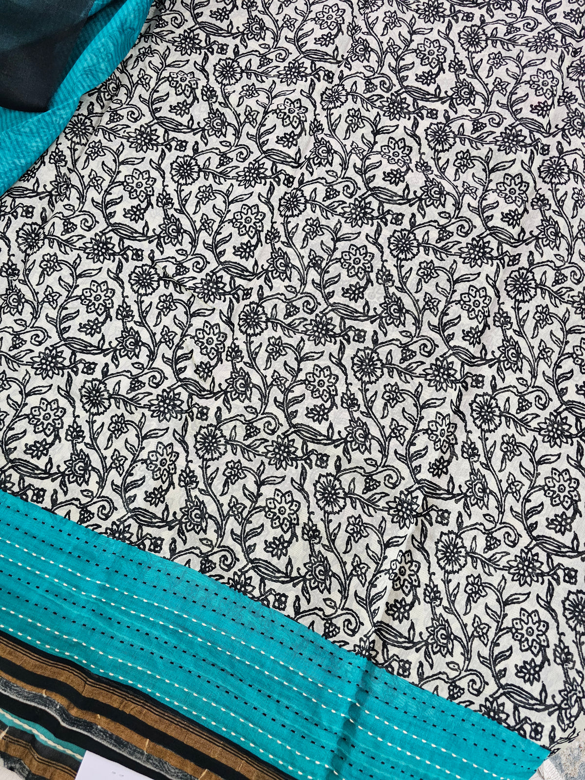 Pure Chanderi Butter Silk - Black with Sea Green