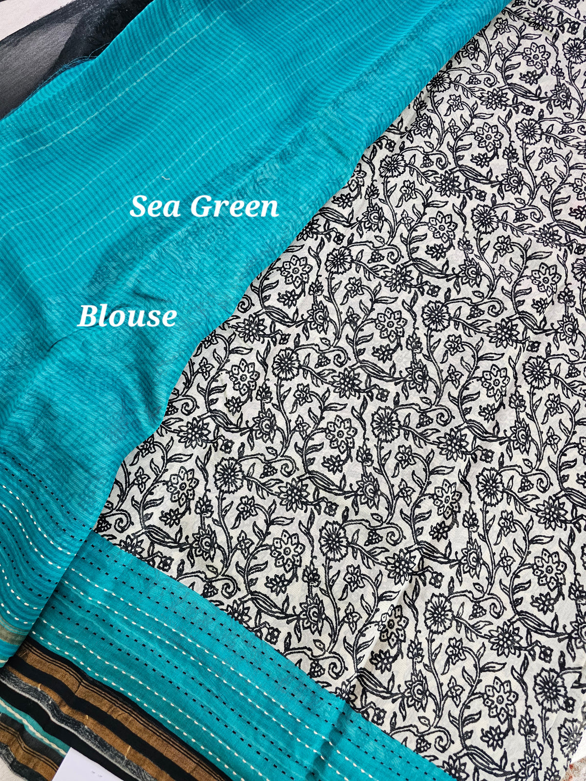 Pure Chanderi Butter Silk - Black with Sea Green