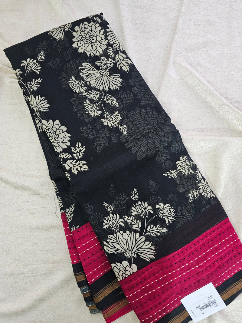 Pure Chanderi Butter Silk - Black with Maroon