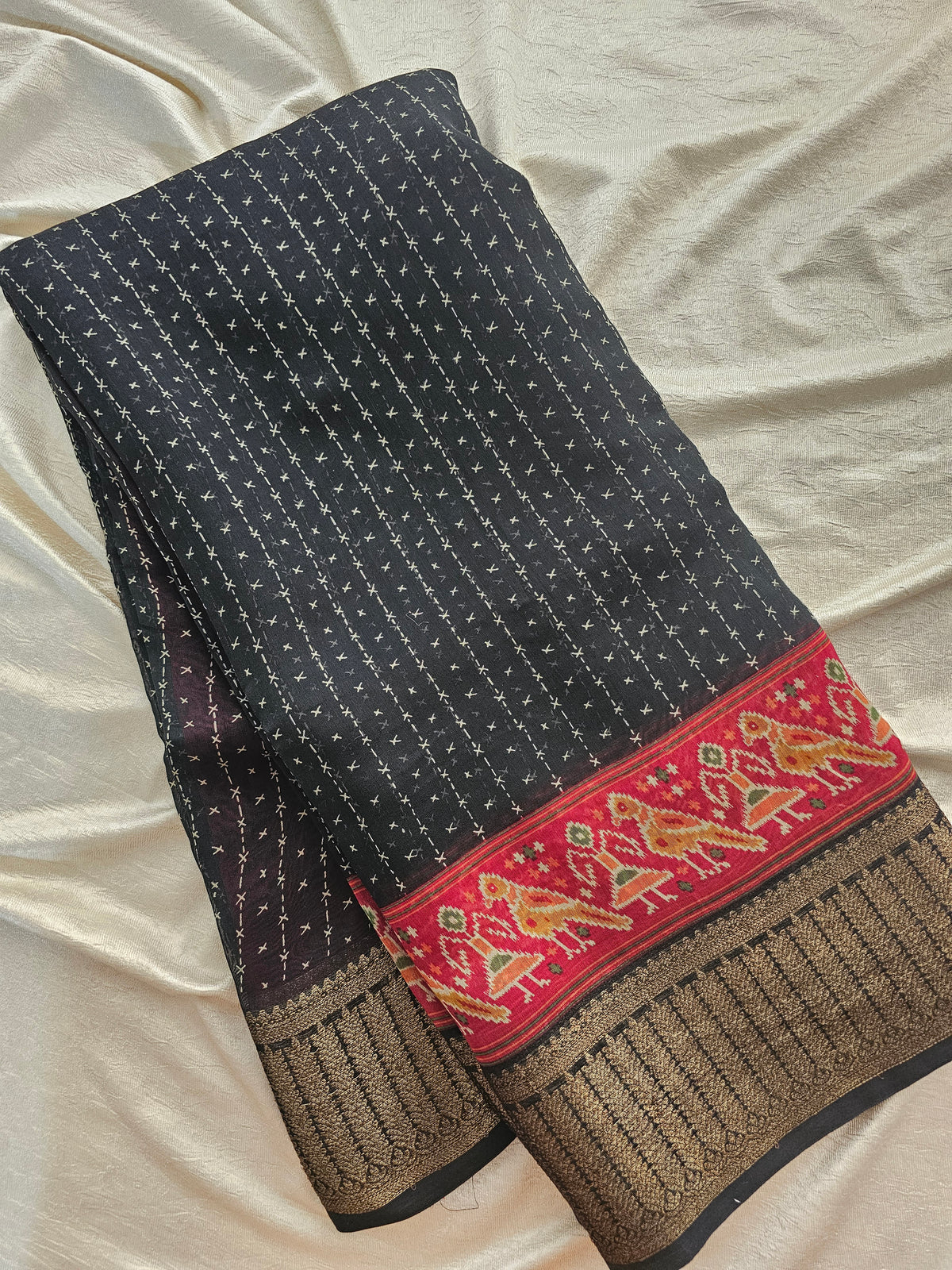 Pure Chanderi Butter Silk - Black with Red