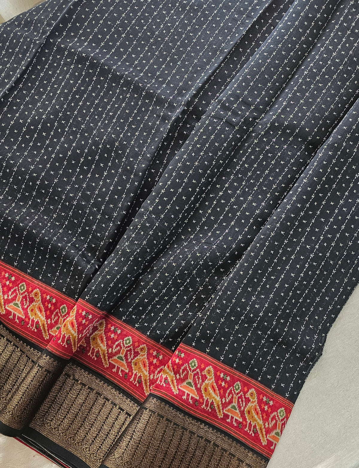 Pure Chanderi Butter Silk - Black with Red