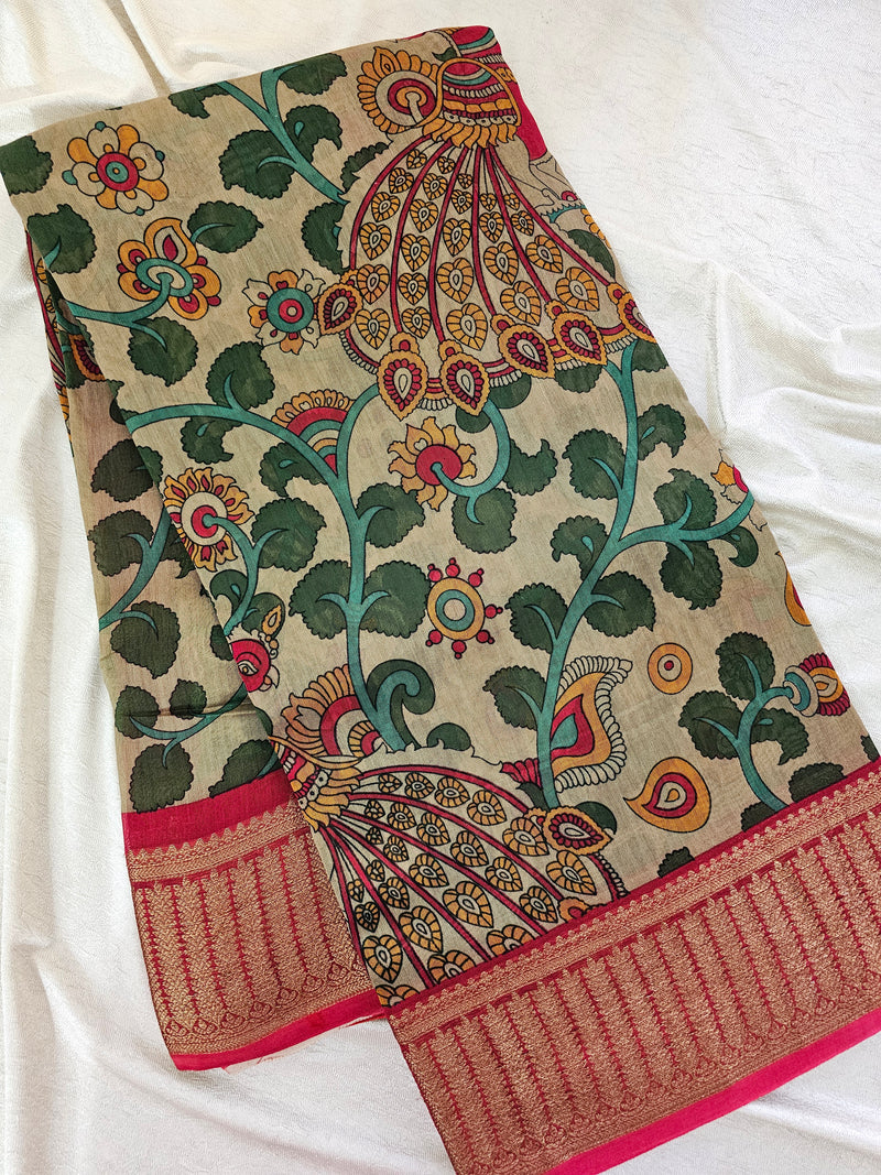 Pure Chanderi Butter Silk - Beige with Red