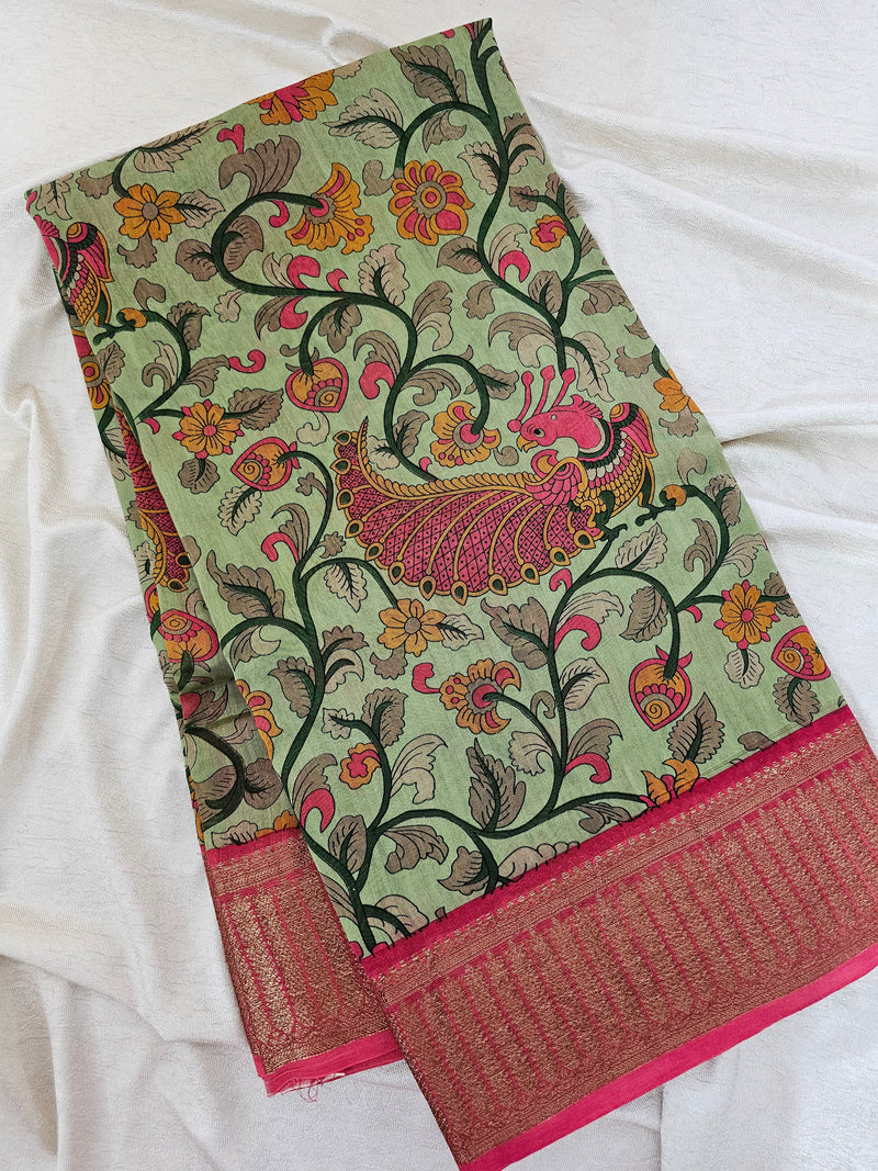 Pure Chanderi Butter Silk - Green with Red