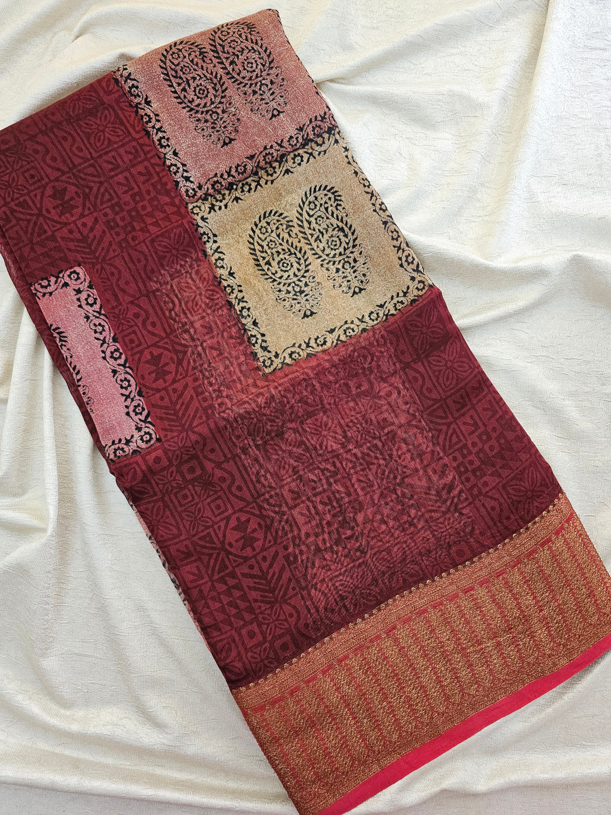 Pure Chanderi Butter Silk - Brown with Peach