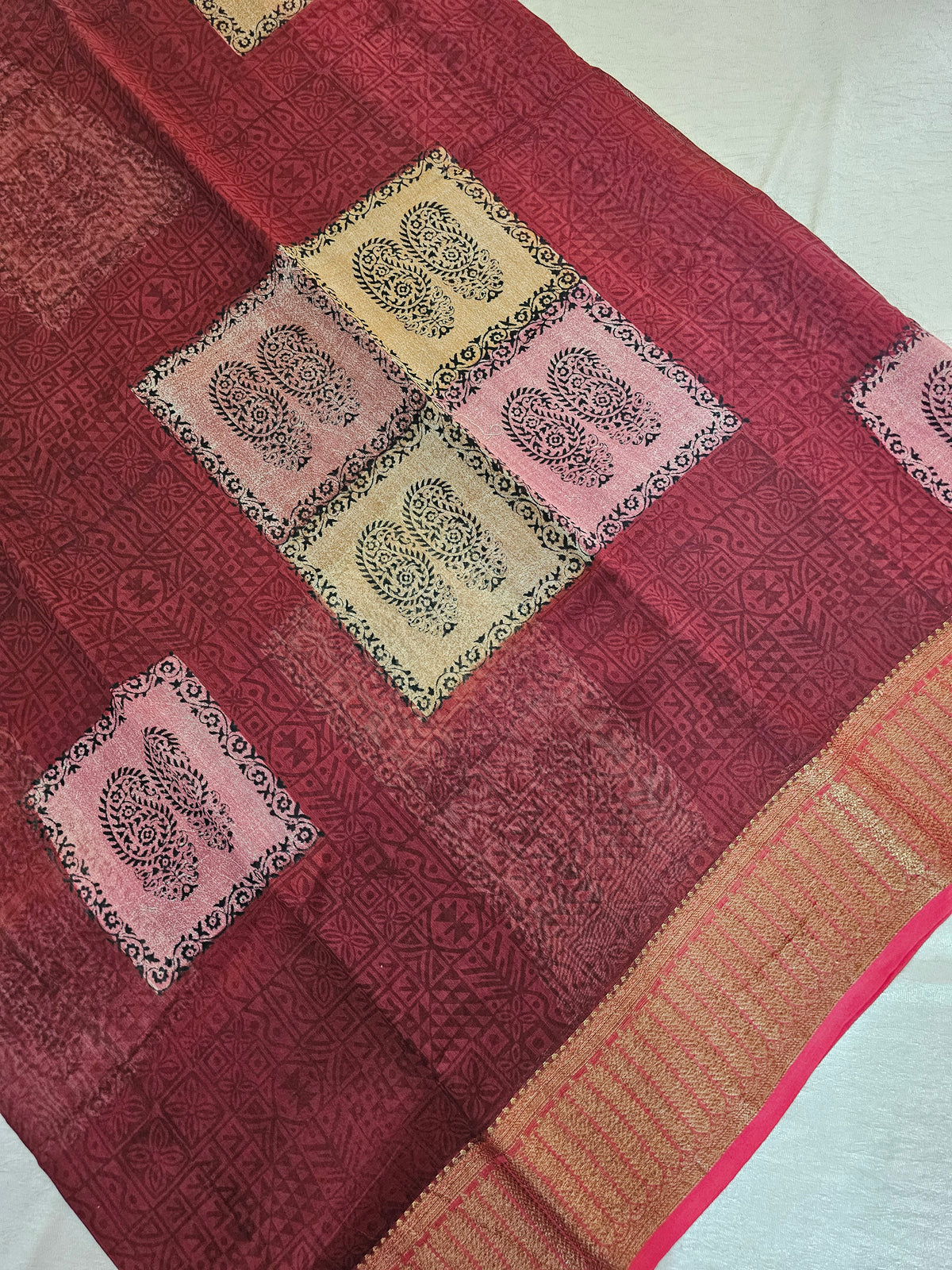 Pure Chanderi Butter Silk - Brown with Peach