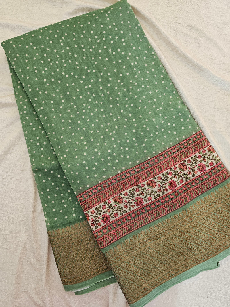 Pure Chanderi Butter Silk - Olive Green With Pink