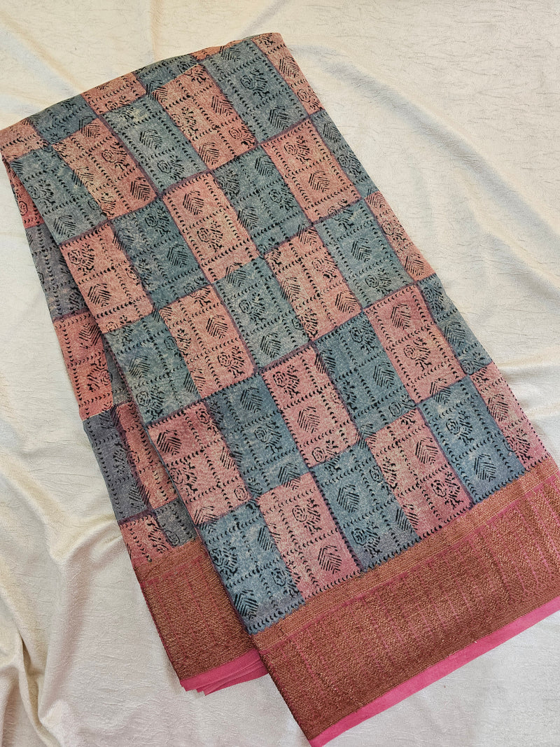 Pure Chanderi Butter Silk - Blue With Peach