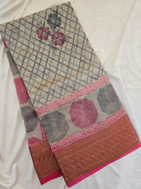 Pure Chanderi Butter Silk - Grey With Pink