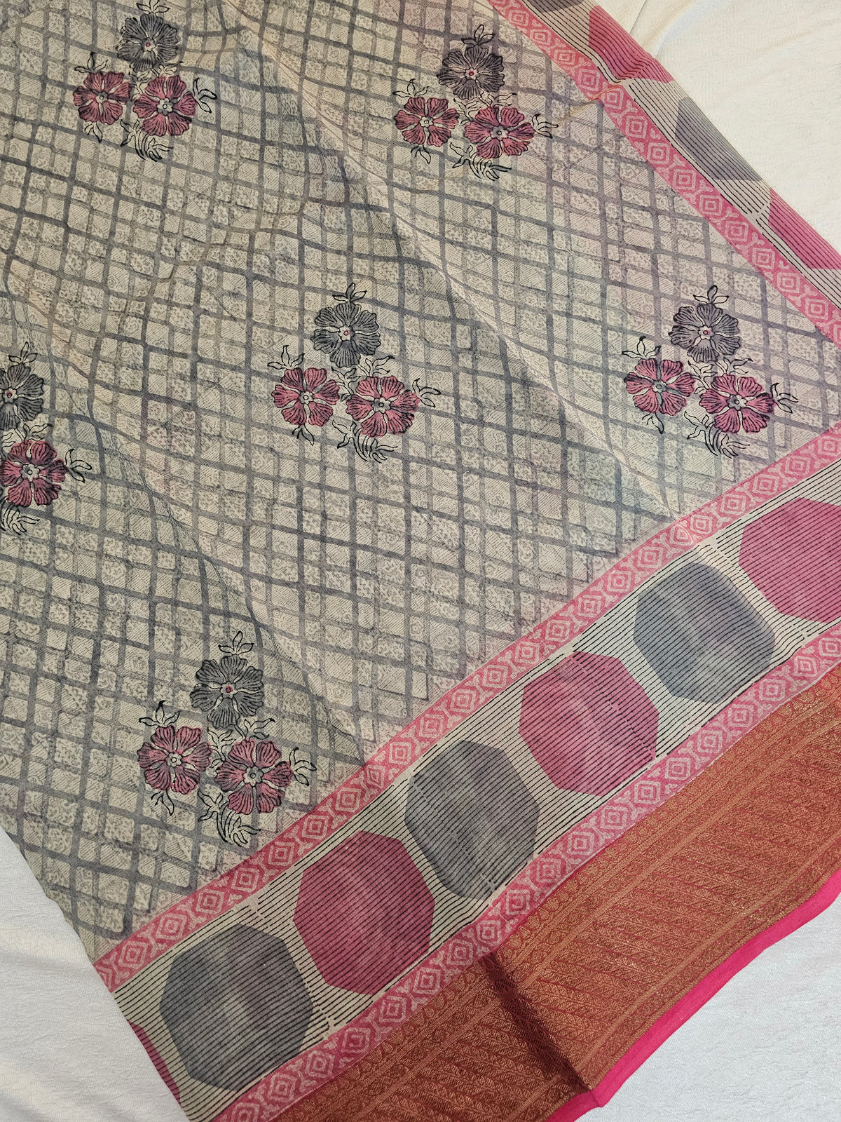 Pure Chanderi Butter Silk - Grey With Pink