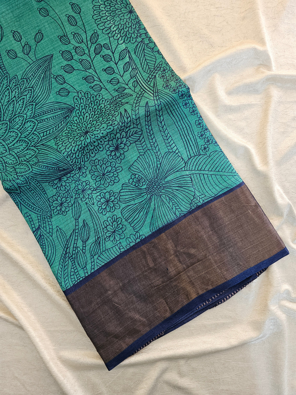 Desi Tussar - Sea Green with Navy Blue