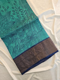 Desi Tussar - Sea Green with Navy Blue