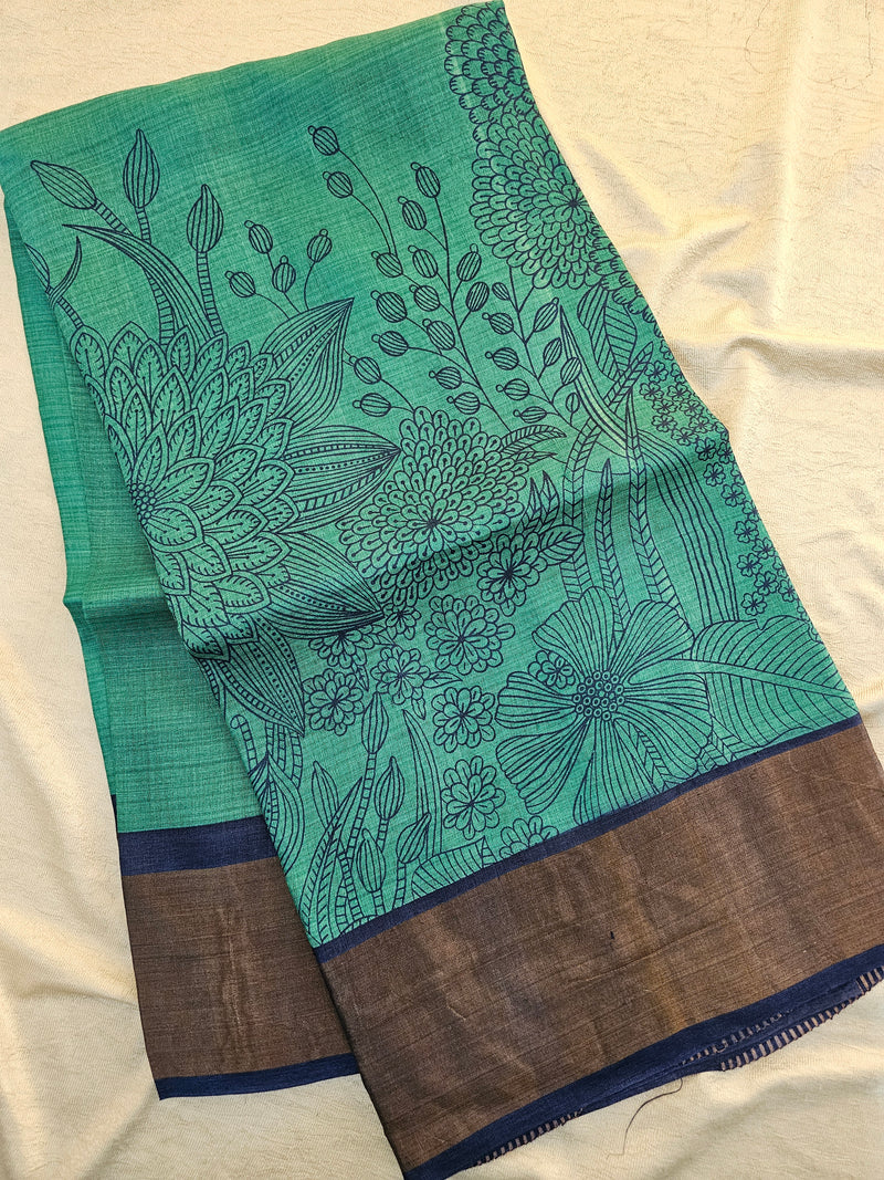 Desi Tussar - Sea Green with Navy Blue