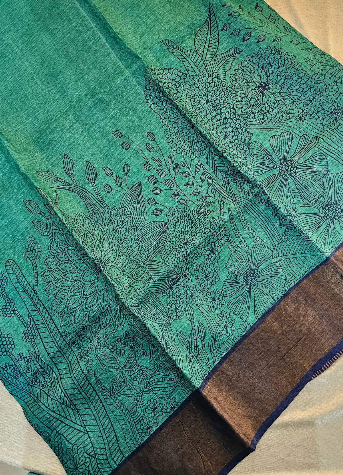 Desi Tussar - Sea Green with Navy Blue