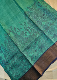 Desi Tussar - Sea Green with Navy Blue