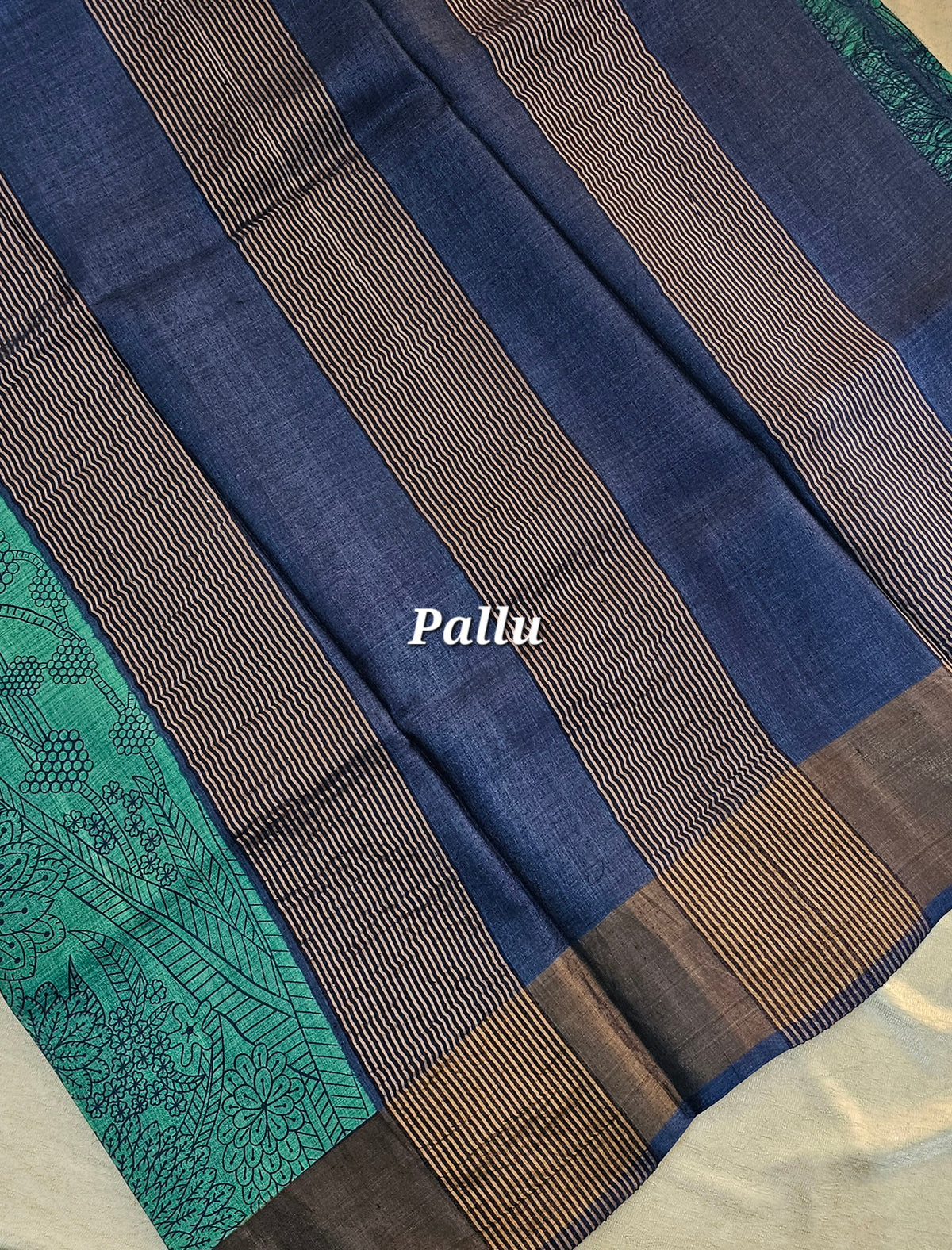 Desi Tussar - Sea Green with Navy Blue