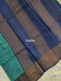 Desi Tussar - Sea Green with Navy Blue