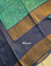 Desi Tussar - Sea Green with Navy Blue