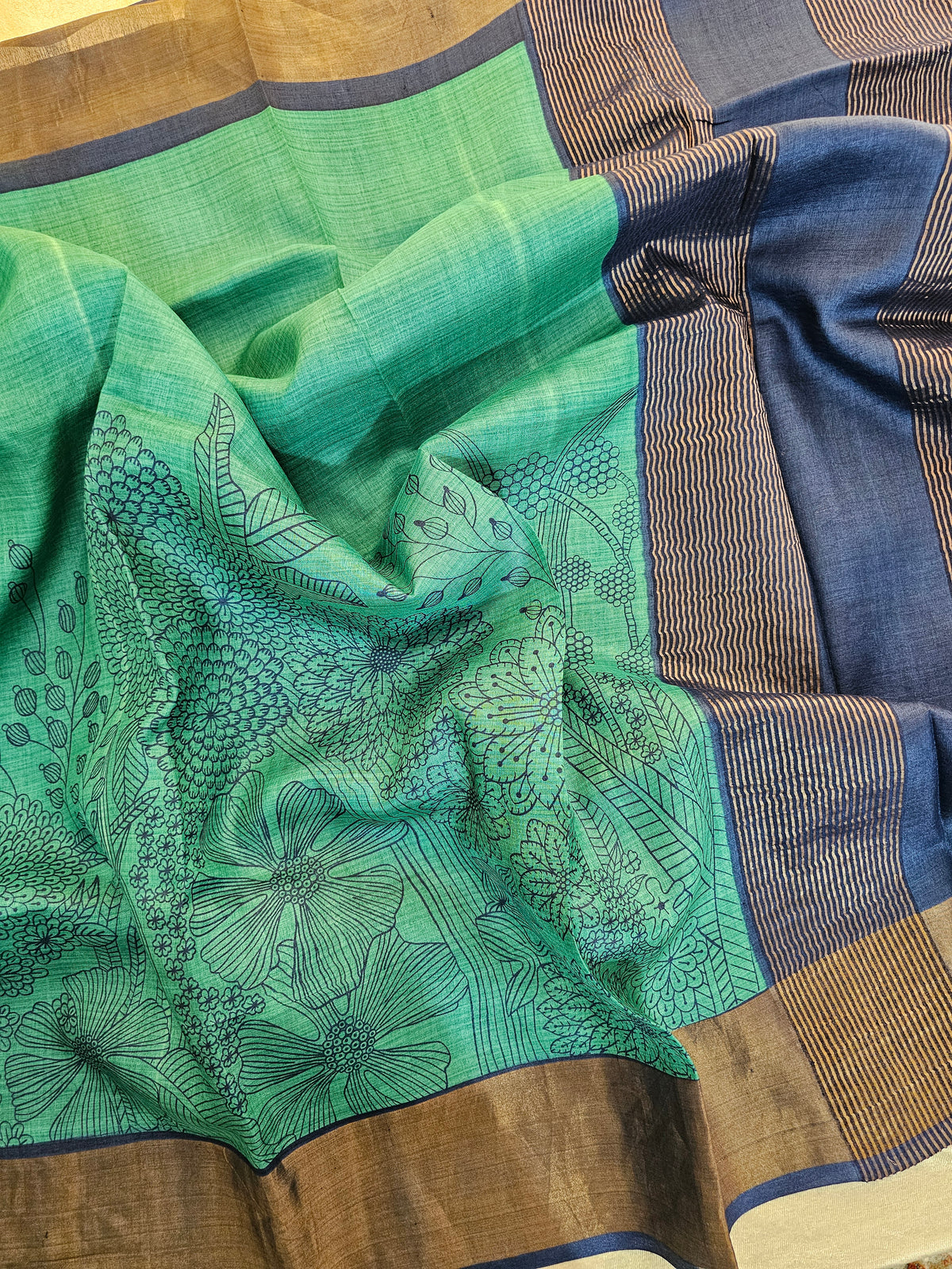 Desi Tussar - Sea Green with Navy Blue
