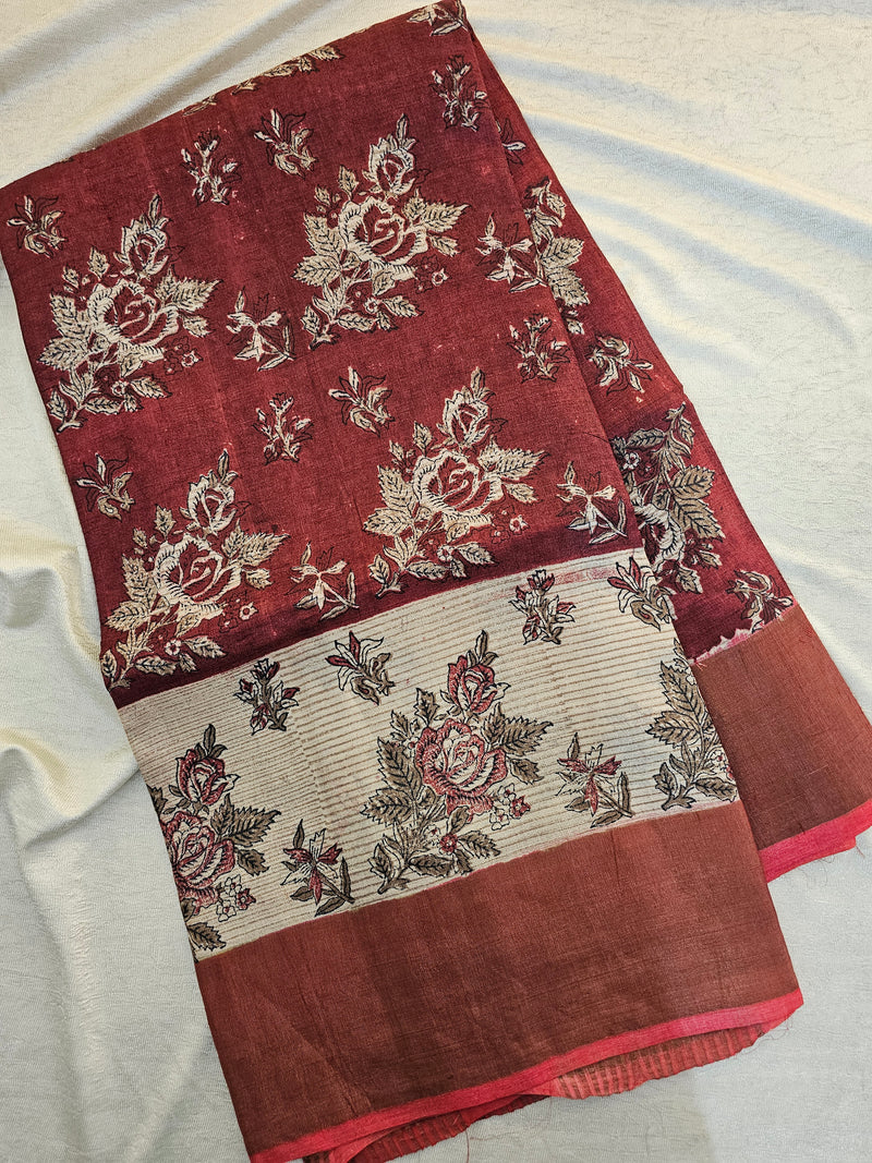 Desi Tussar - Maroon with Cream