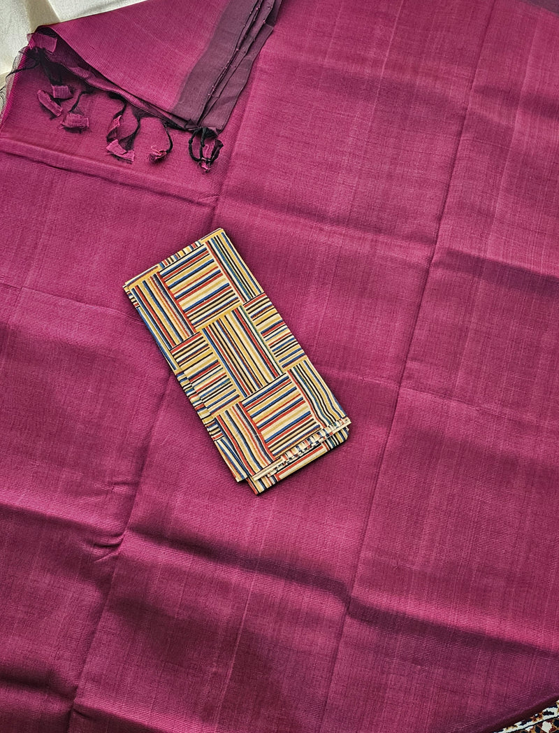 Handwoven Mangalagiri Plain Pattu Saree with Mix and Match Cotton Blouse - Dark Magenta Pink