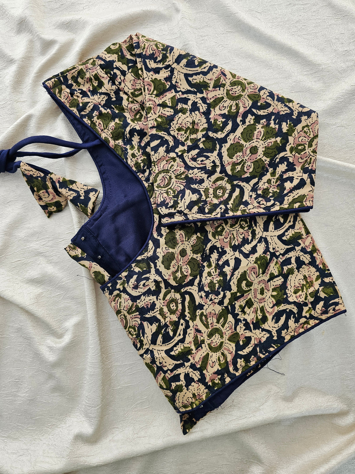 Pure Cotton Block Printed Blouse with Lining - Navy Blue