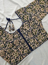 Pure Cotton Block Printed Blouse with Lining - Navy Blue