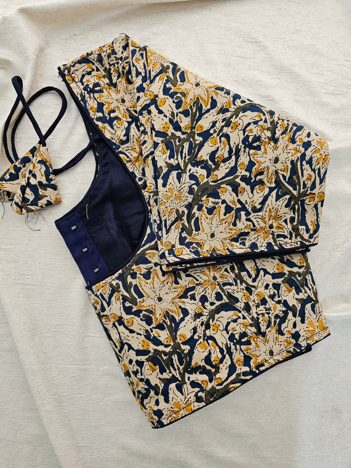 Pure Cotton Block Printed Blouse with Lining - Navy Blue