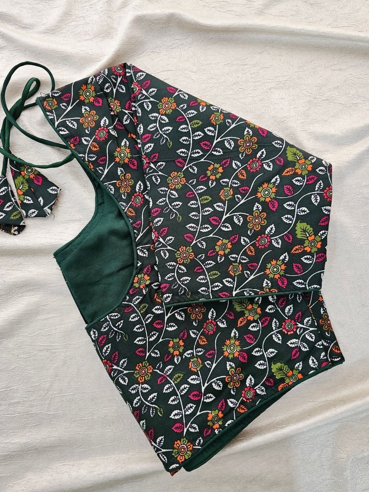 Pure Cotton Block Printed Blouse with Lining - Bottle Green