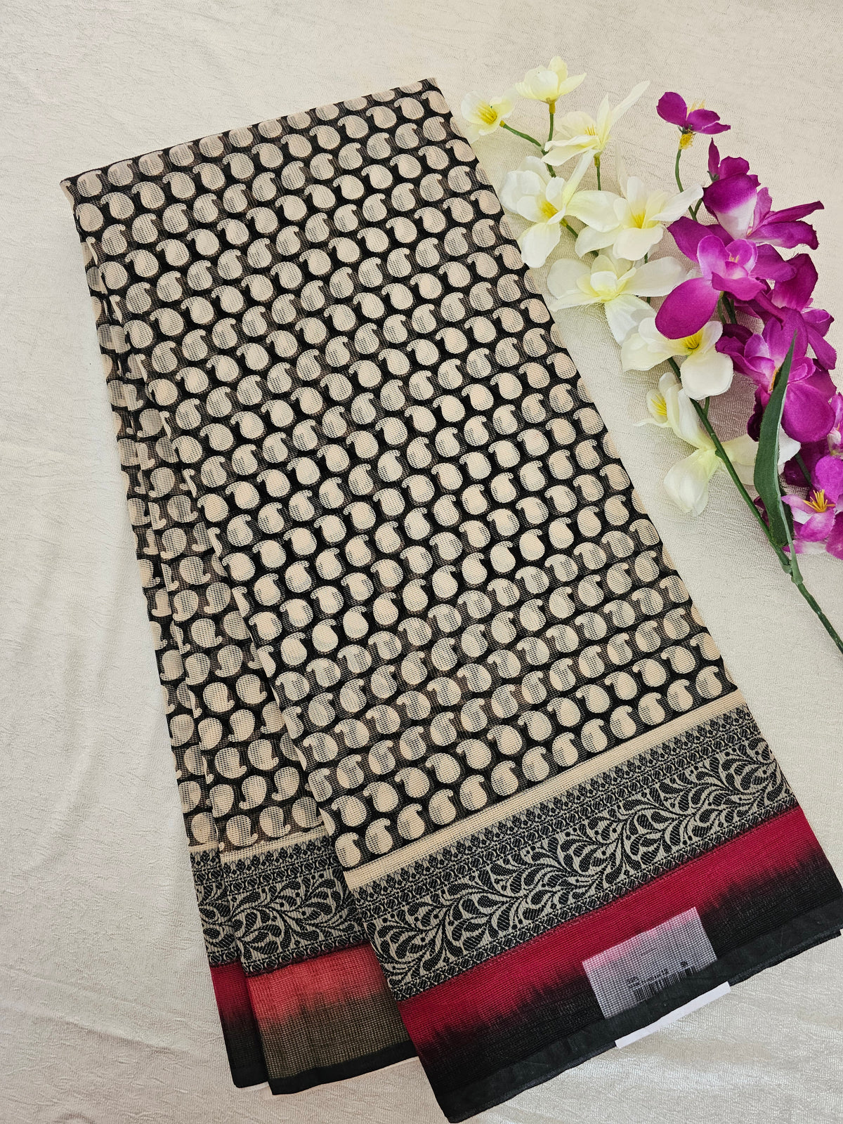 Premium Super Net Kota Saree - Cream with Black
